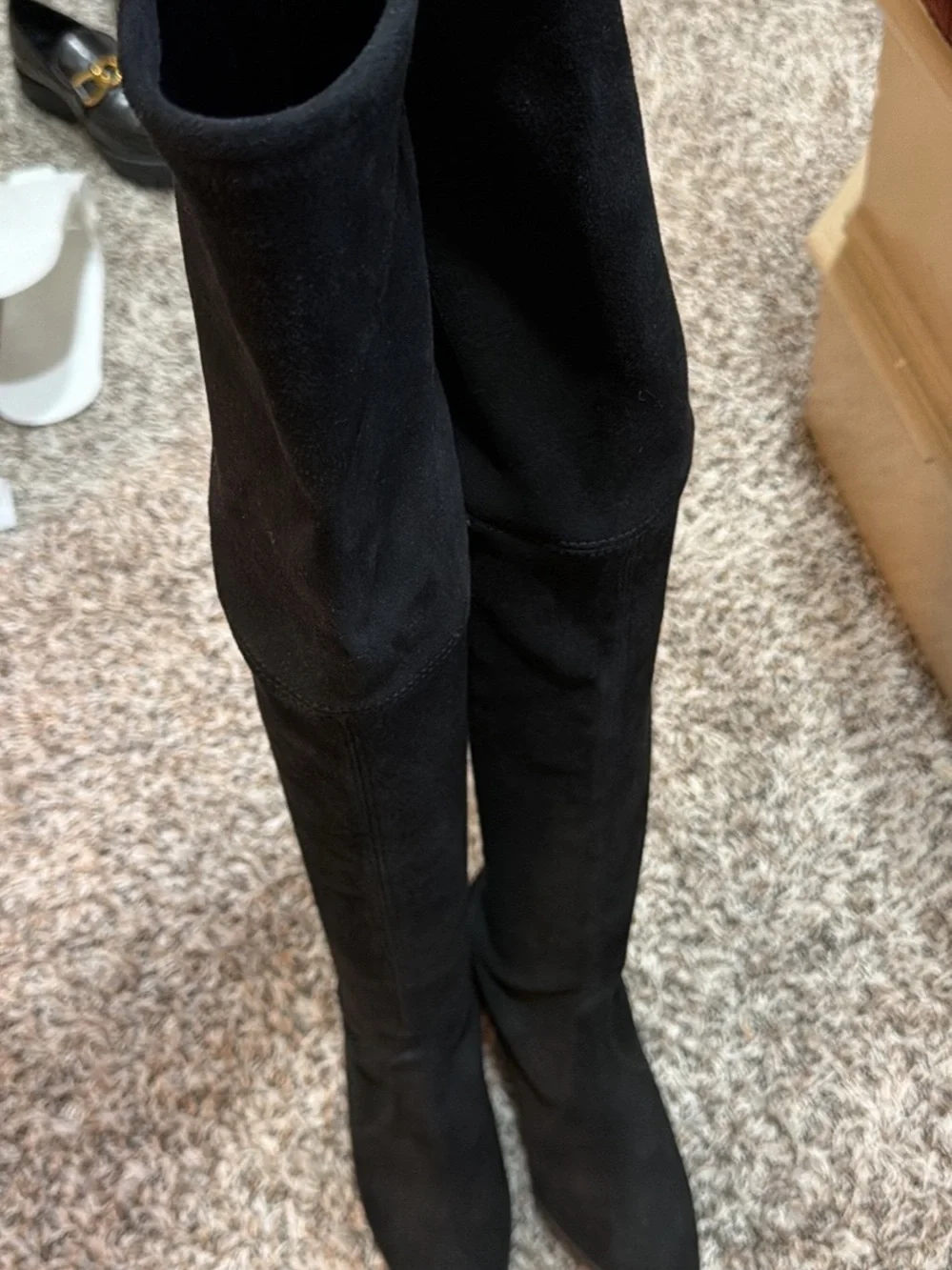 Stuart Weitzman Black Suede Over-the-Knee Block Heel Boots